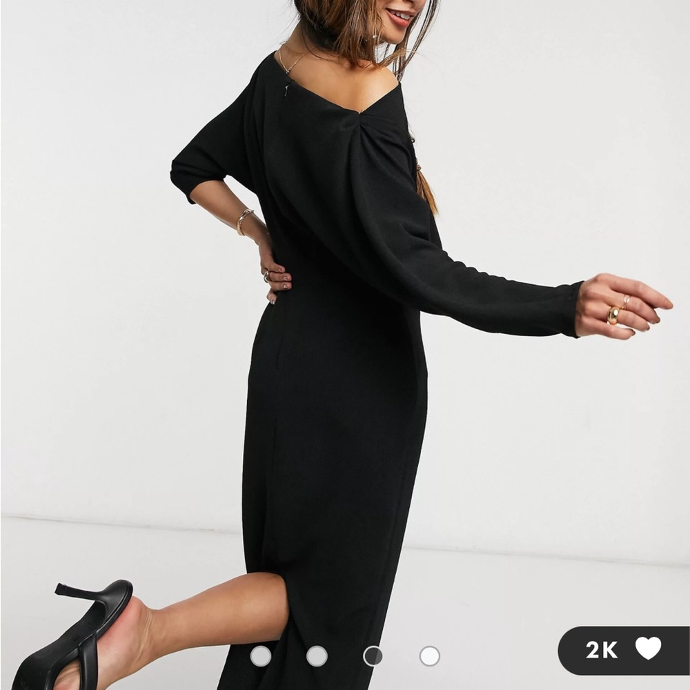 Fallen shoulder midi pencil dress in black